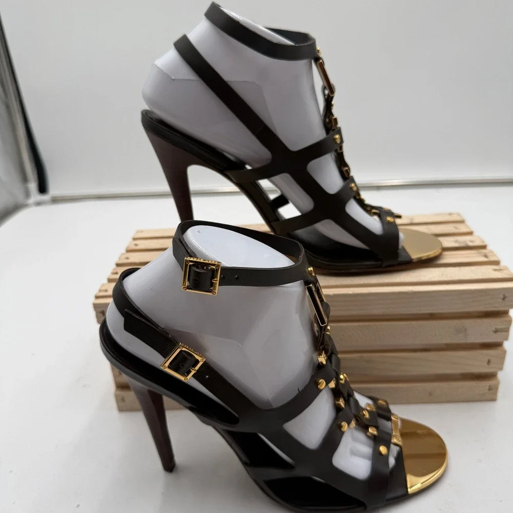 Tory Burch Francesca Gladiator Heels Double Buckle Leather Brown Gold Women 9M